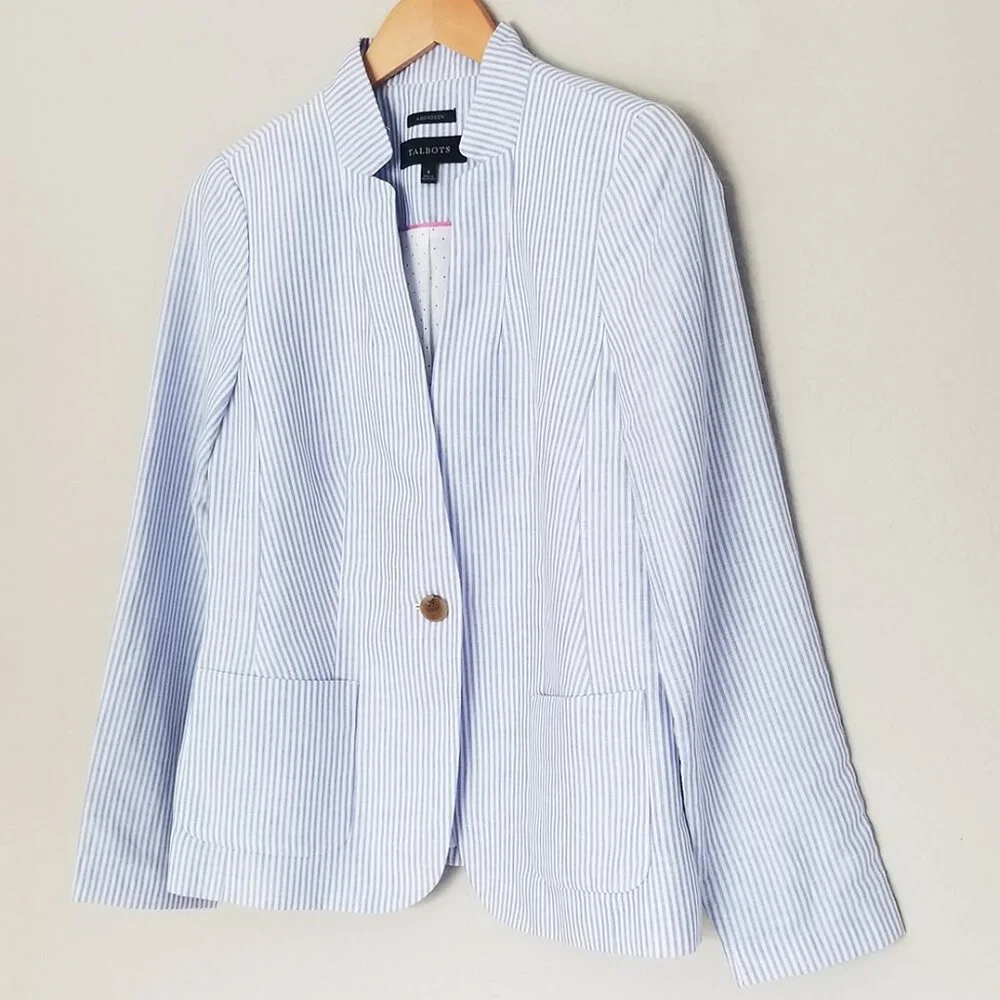 Talbots Light Blue White Stripe Lightweight Blazer Jacket 6 Linen Cotton $159 - Picture 5 of 16